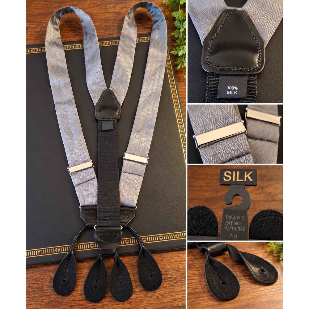 B&G N.Y. Mens Silver Grey 100% Silk Herringbone Y-Back Button Suspenders Braces
